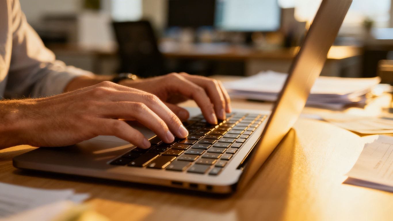 Hands typing on a laptop keyboard.