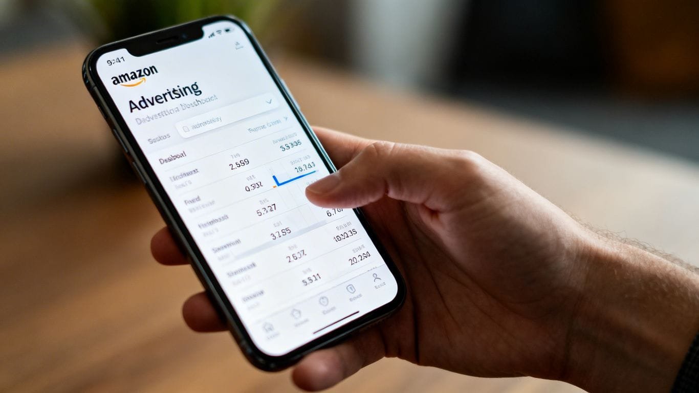 Amazon PPC metrics on a smartphone screen.