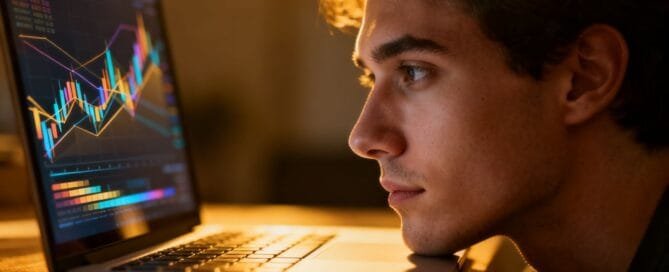 Person analyzing abstract data on a laptop screen.