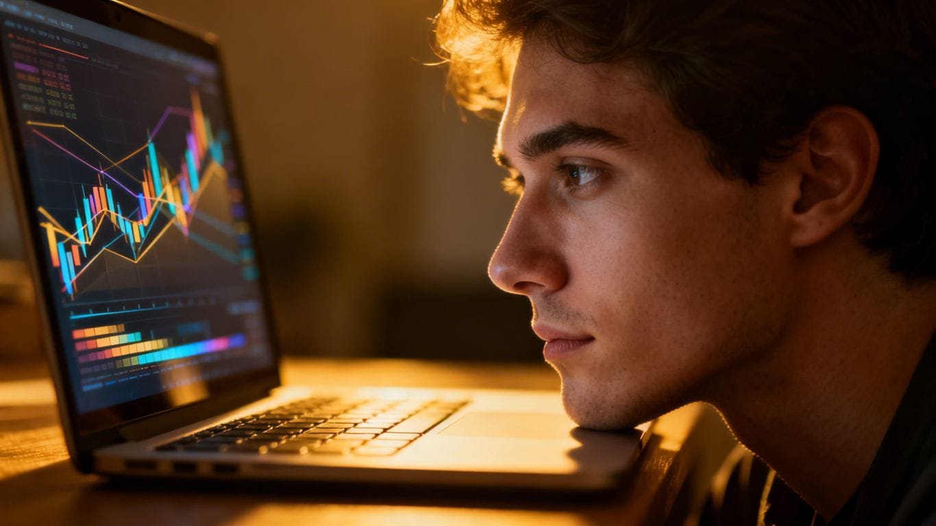 Person analyzing abstract data on a laptop screen.