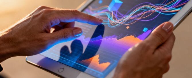 Hands holding tablet with abstract data visualizations.