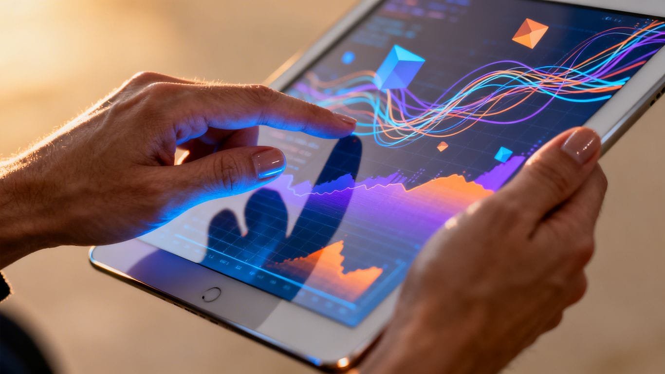 Hands holding tablet with abstract data visualizations.