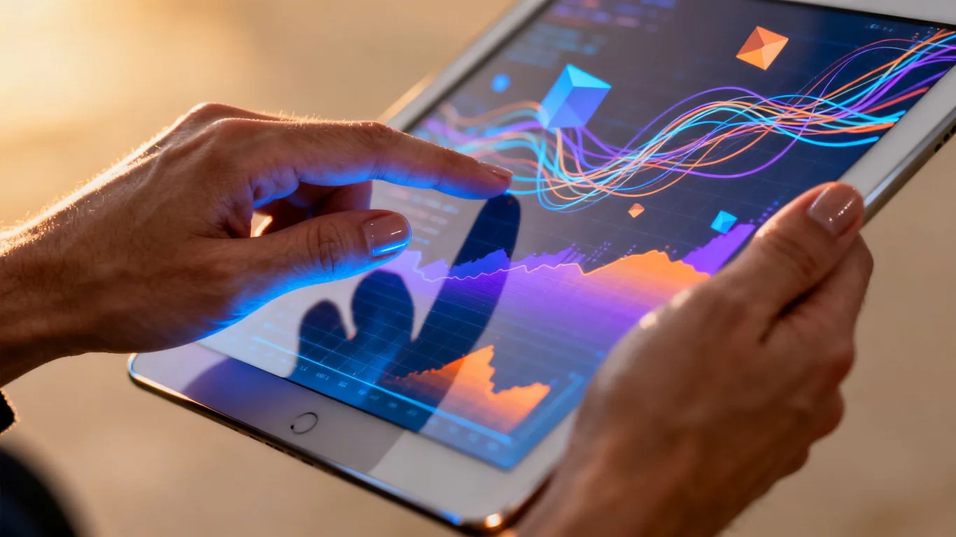 Hands holding tablet with abstract data visualizations.