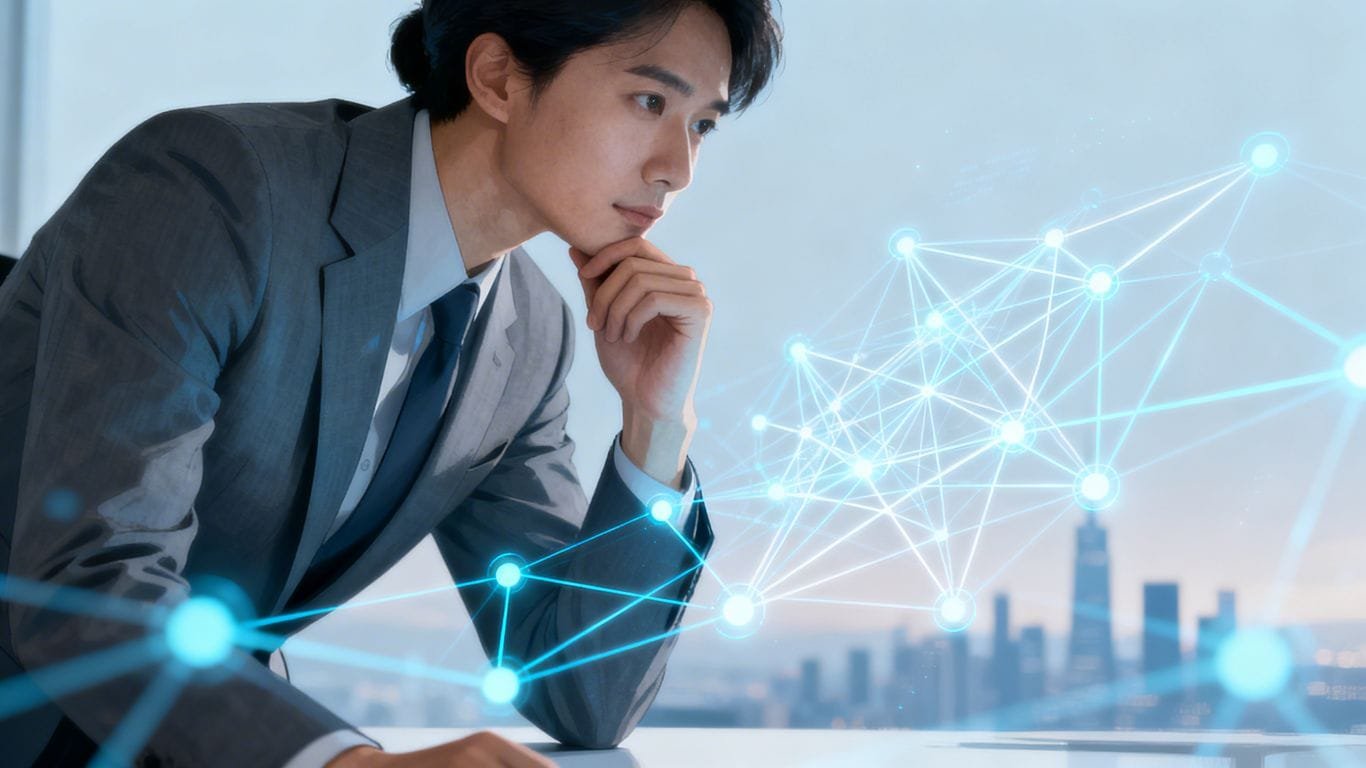 Business person contemplating a complex network of lines and nodes.