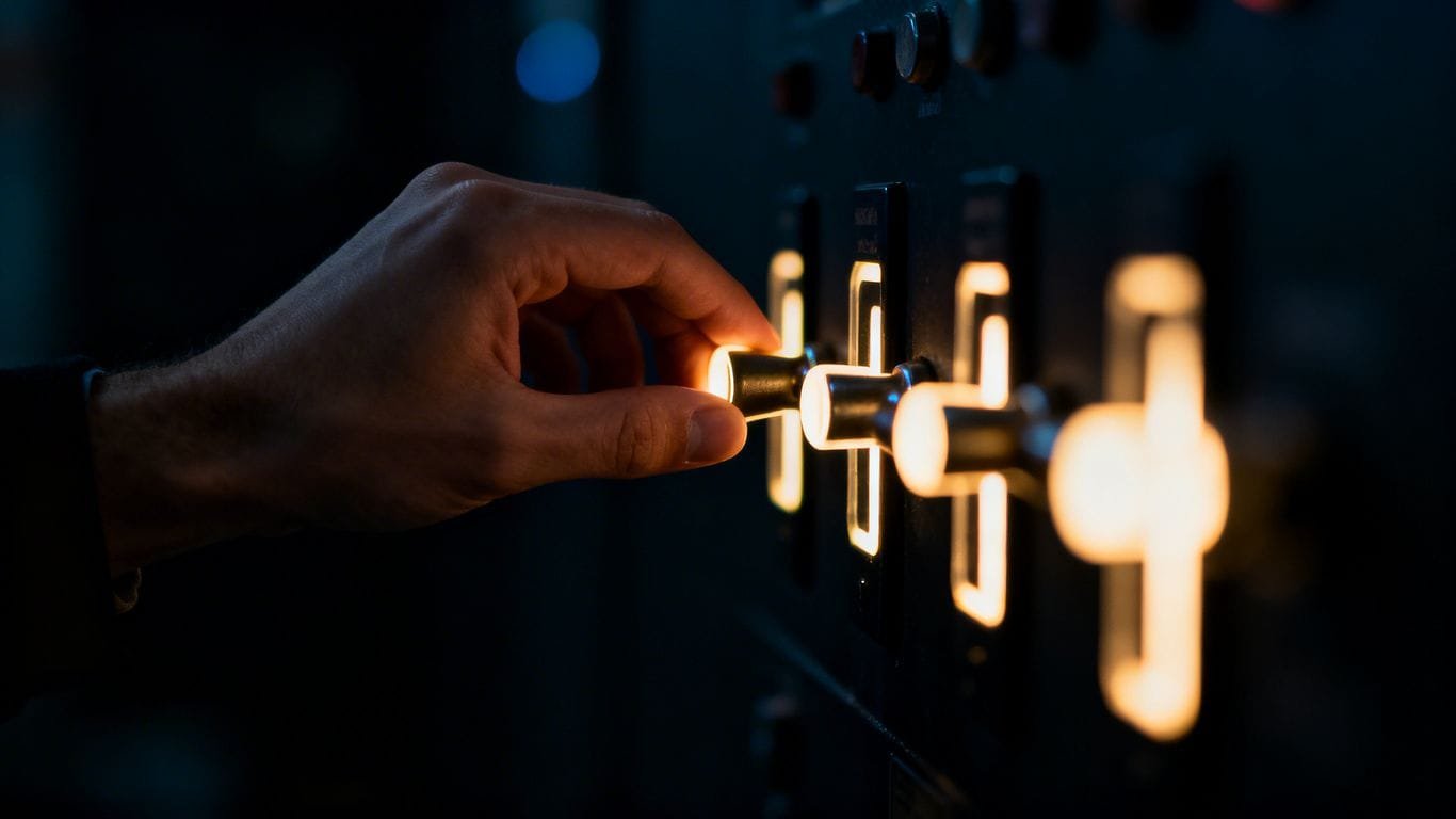 Hand reaching for glowing levers in the dark.