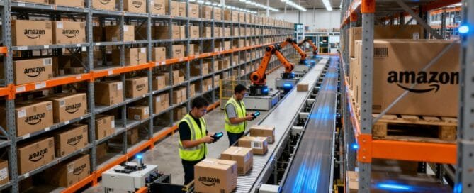 Amazon FBA warehouse with branded boxes and workers.