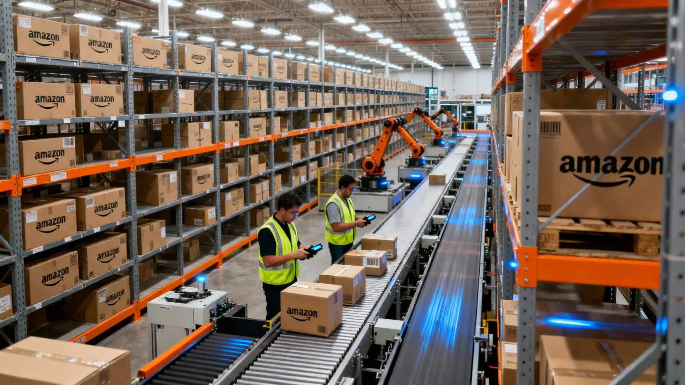 Amazon FBA warehouse with branded boxes and workers.