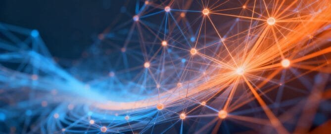 Abstract network of glowing lines and nodes.