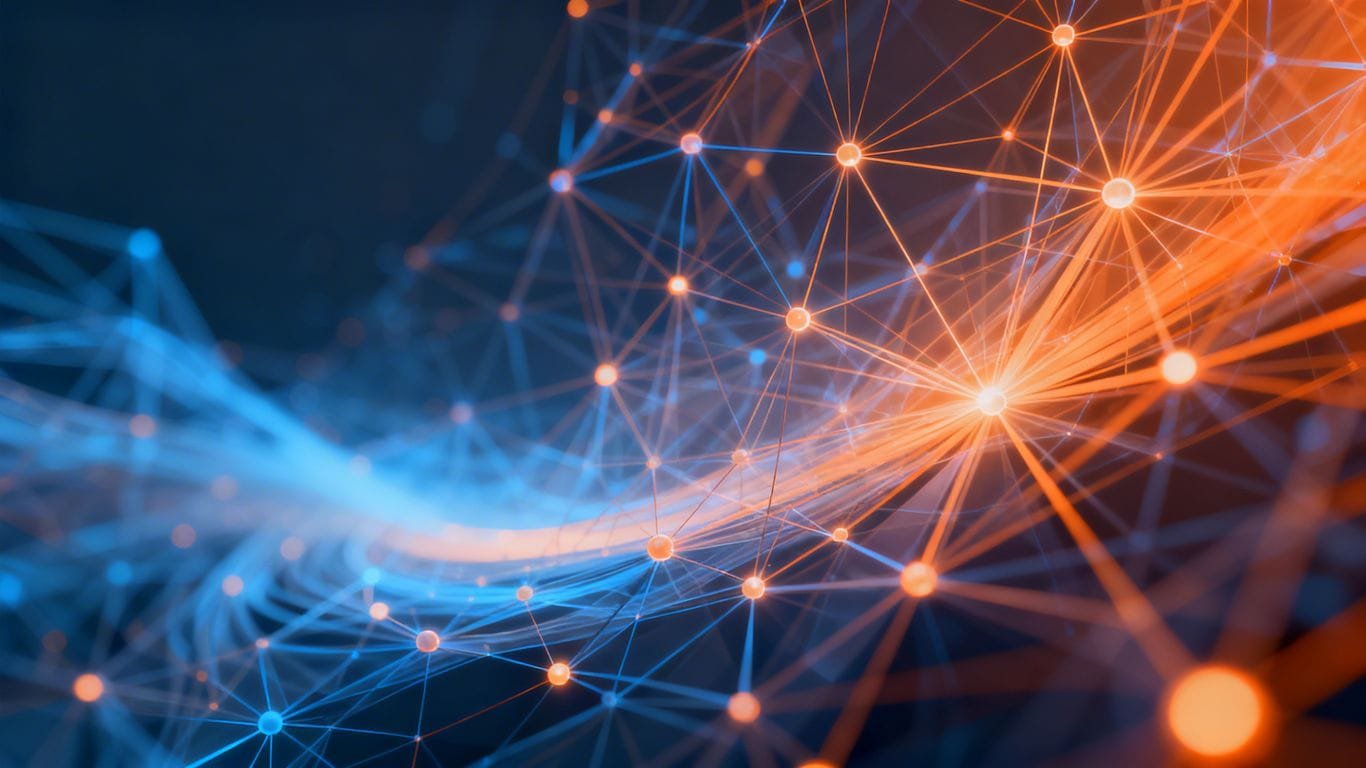 Abstract network of glowing lines and nodes.