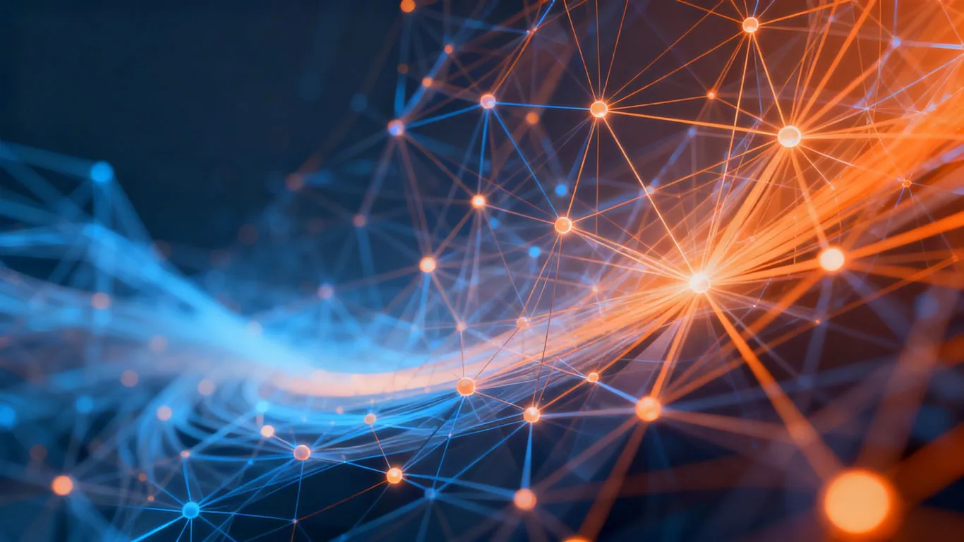 Abstract network of glowing lines and nodes.