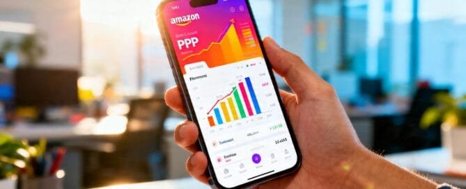 Amazon PPC dashboard on a smartphone screen.