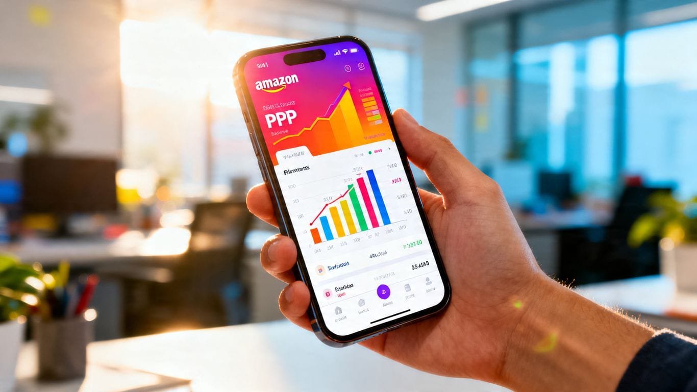 Amazon PPC dashboard on a smartphone screen.