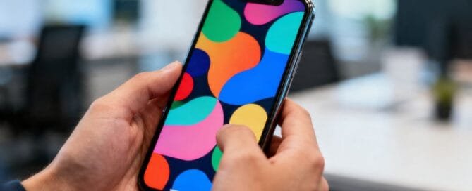 Hands holding a smartphone with abstract colorful patterns.