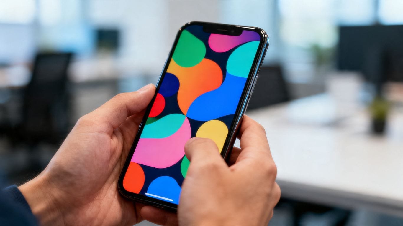 Hands holding a smartphone with abstract colorful patterns.