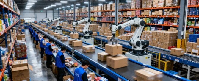 Amazon warehouse with robots and workers