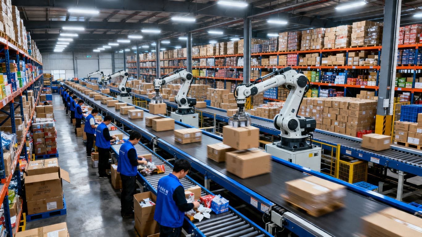 Amazon warehouse with robots and workers