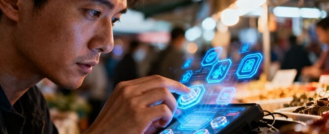 Hands interacting with a digital marketplace interface.