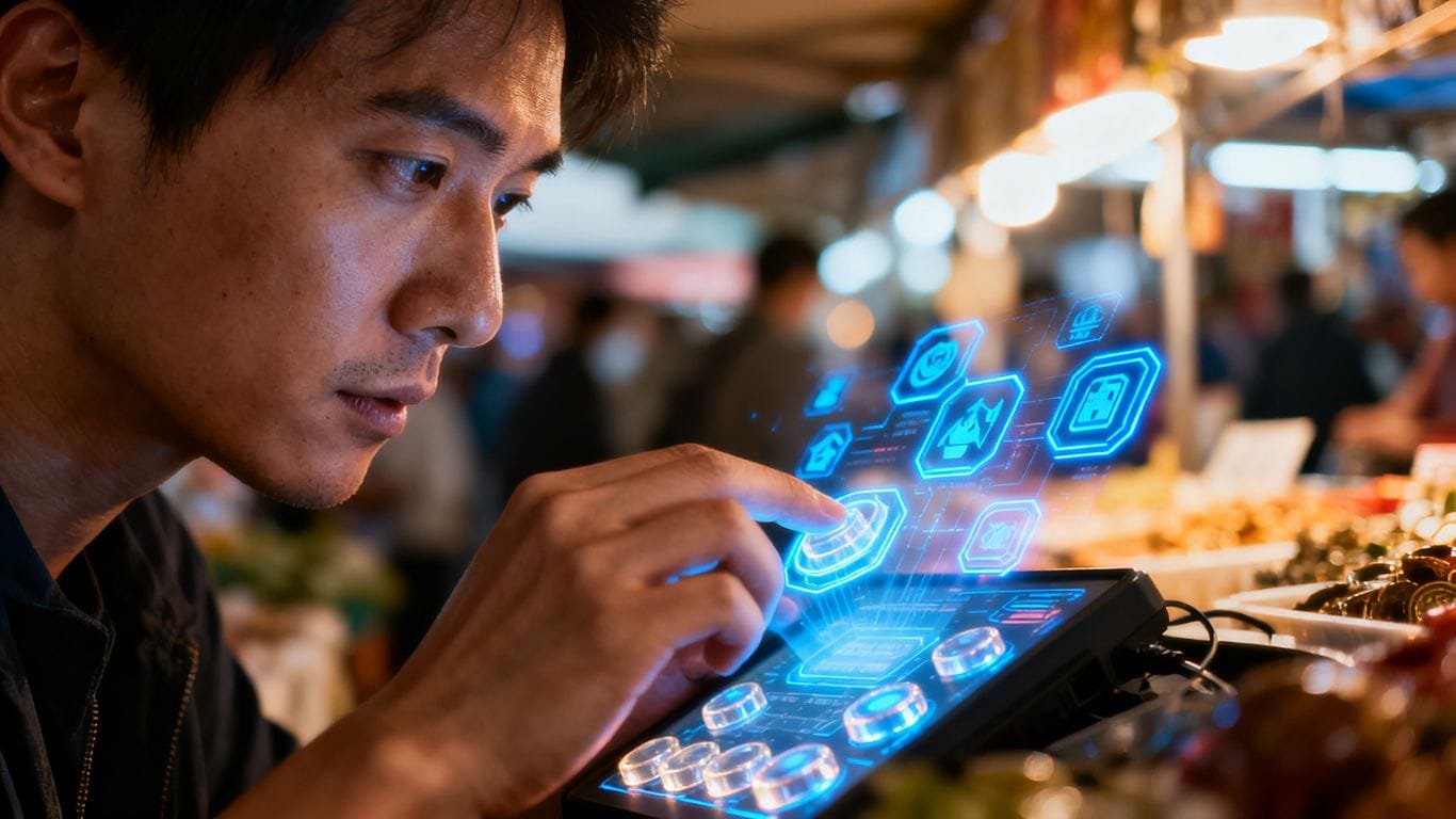 Hands interacting with a digital marketplace interface.