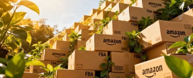 Amazon FBA boxes stacked high, indicating profitable growth.