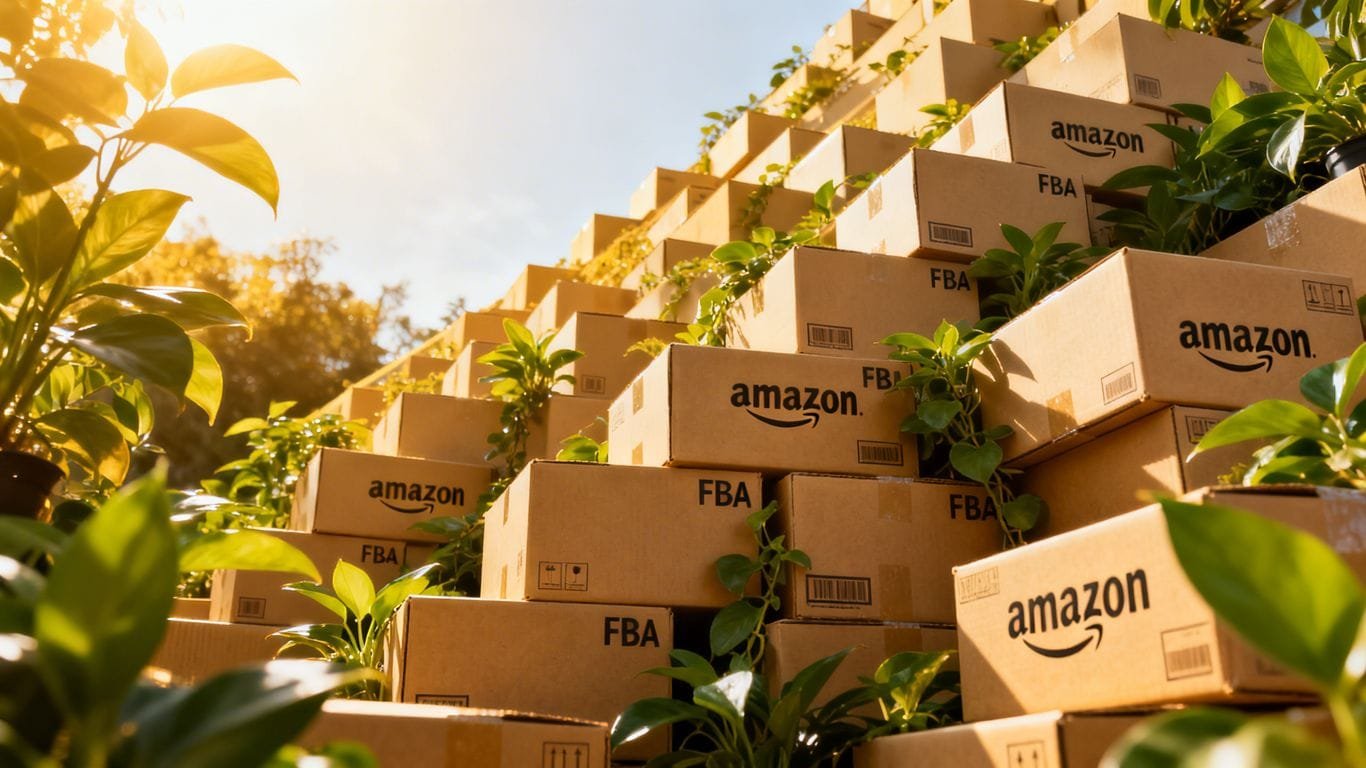Amazon FBA boxes stacked high, indicating profitable growth.