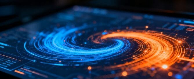 Abstract data visualizations on a digital screen.