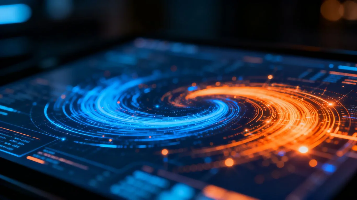 Abstract data visualizations on a digital screen.