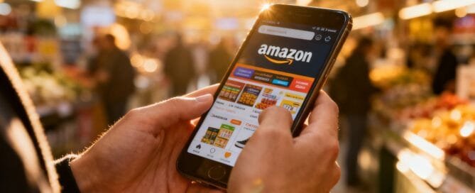 Amazon app on a smartphone in a retail setting.