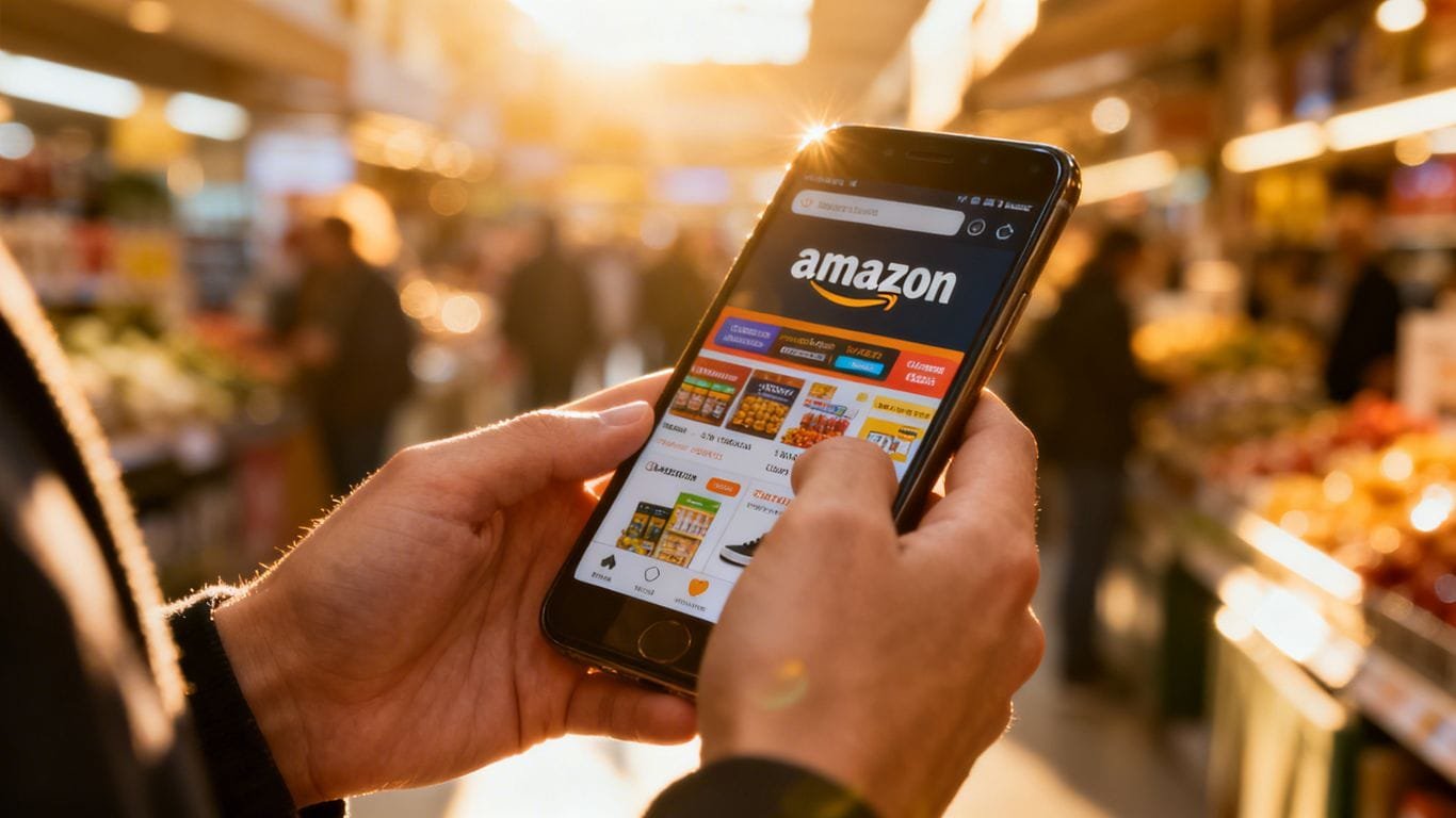Amazon app on a smartphone in a retail setting.