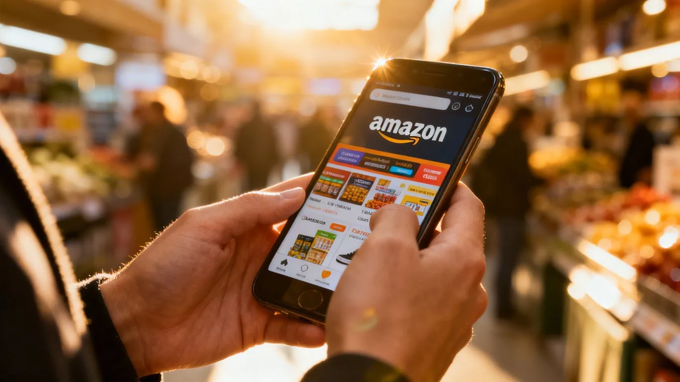 Amazon app on a smartphone in a retail setting.
