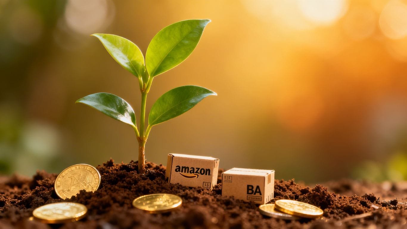 Amazon FBA growth plant with coins and boxes