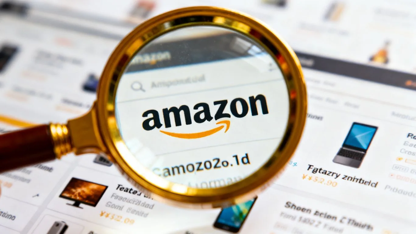 Magnifying glass over blurred Amazon product listings.