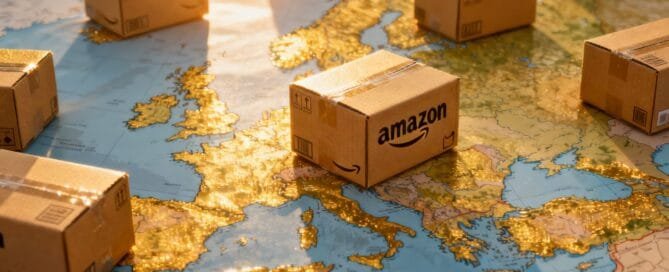 Amazon product boxes scattered across a map of Europe.