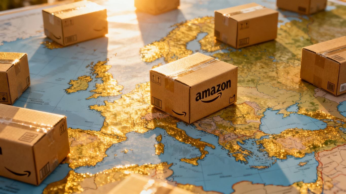 Amazon product boxes scattered across a map of Europe.