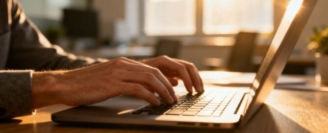 Hands typing on a laptop keyboard for Amazon keyword research.