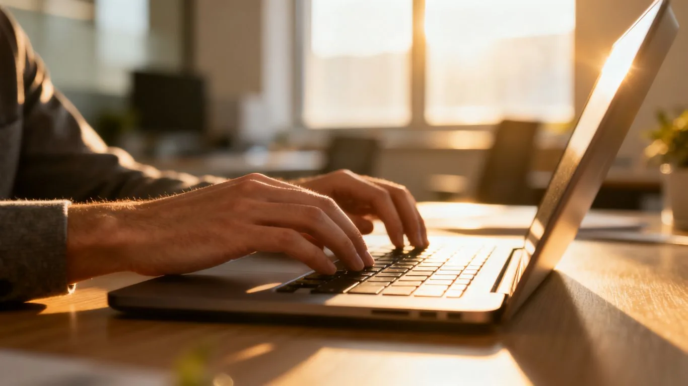 Hands typing on a laptop keyboard for Amazon keyword research.