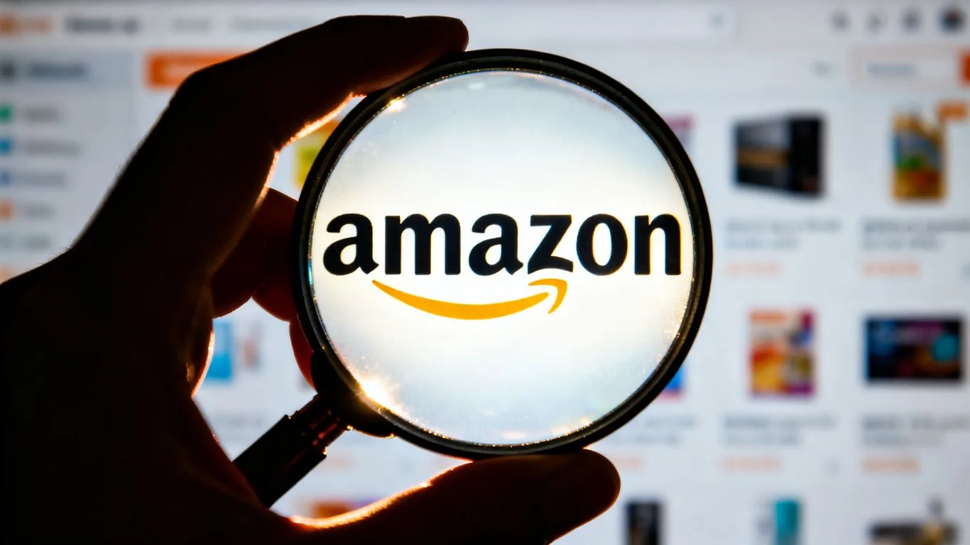 Magnifying glass over Amazon logo, revealing hidden insights.