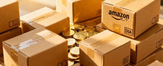 Amazon FBA boxes with coins, symbolizing profit growth.