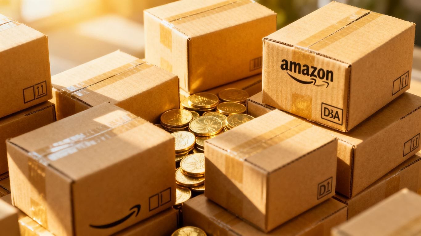 Amazon FBA boxes with coins, symbolizing profit growth.