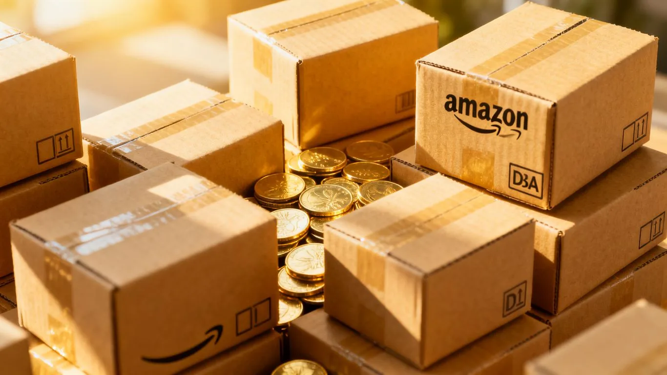 Amazon FBA boxes with coins, symbolizing profit growth.
