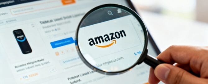 Magnifying glass over Amazon product listing.