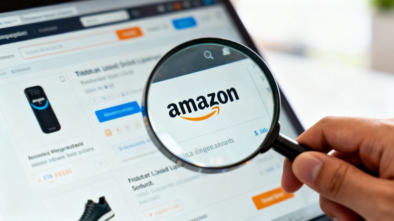 Magnifying glass over Amazon product listing.