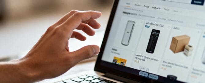 Amazon product listings on a laptop screen.
