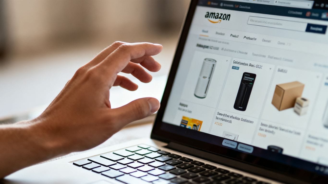 Amazon product listings on a laptop screen.