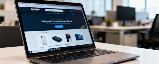 Amazon homepage on a laptop screen.