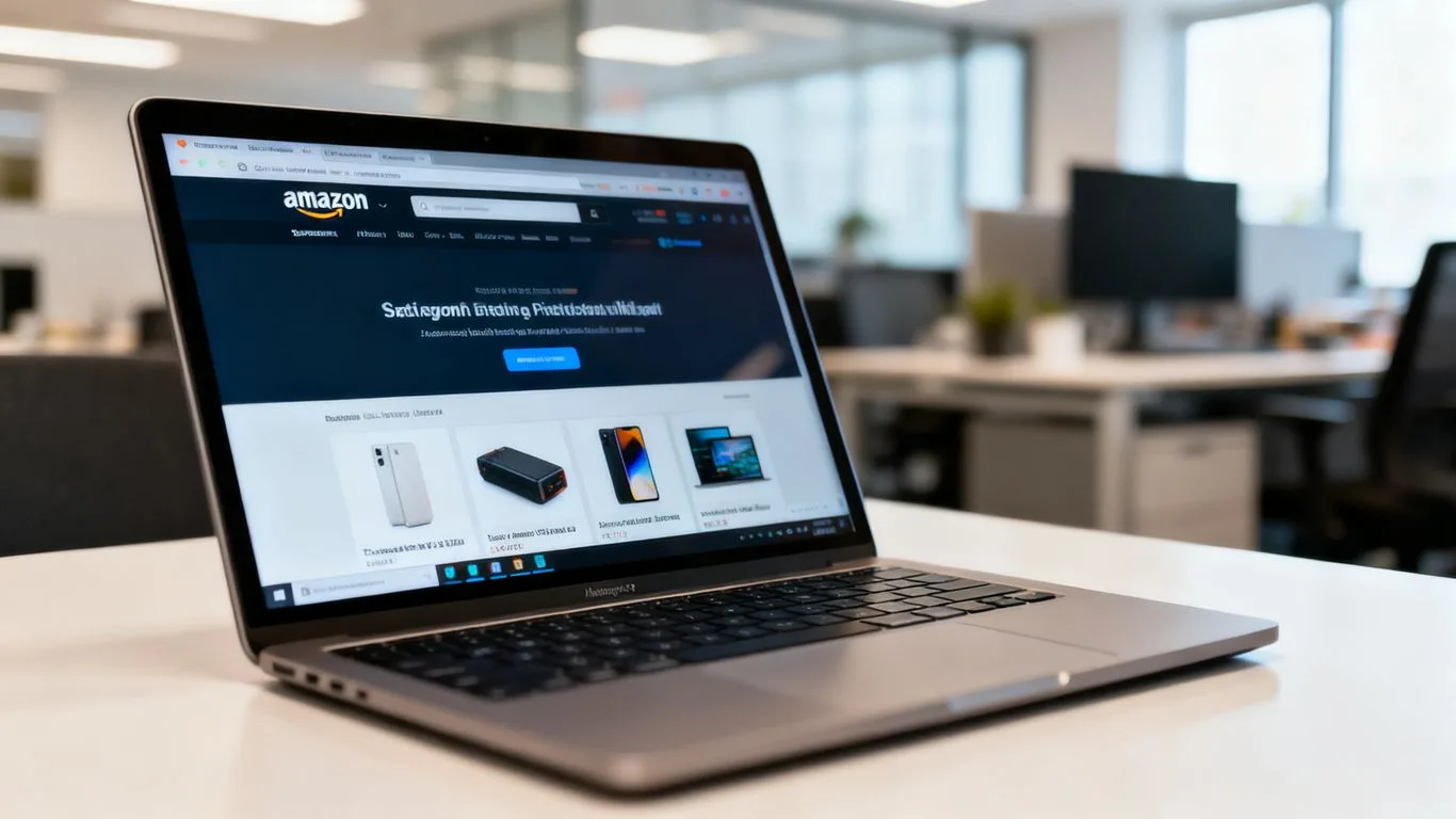 Amazon homepage on a laptop screen.