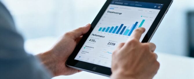 Hands holding tablet with Amazon PPC performance data