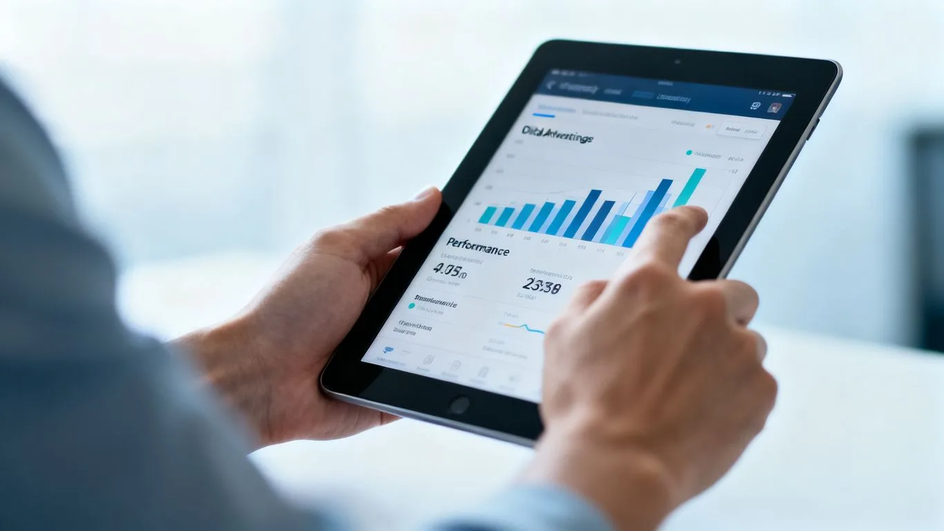 Hands holding tablet with Amazon PPC performance data