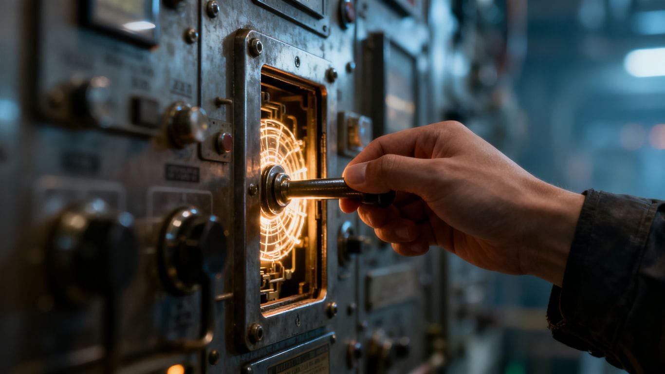 Hand pulling a hidden lever on a control panel.