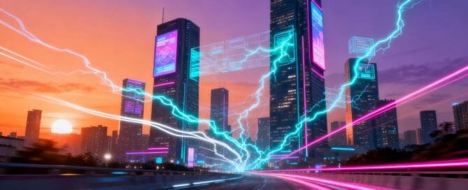 Futuristic cityscape with glowing digital streams.
