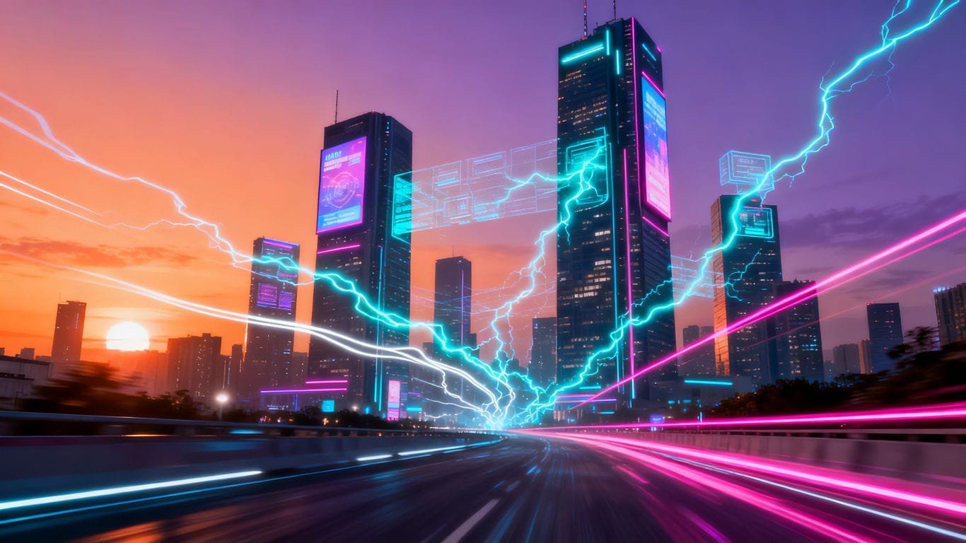 Futuristic cityscape with glowing digital streams.